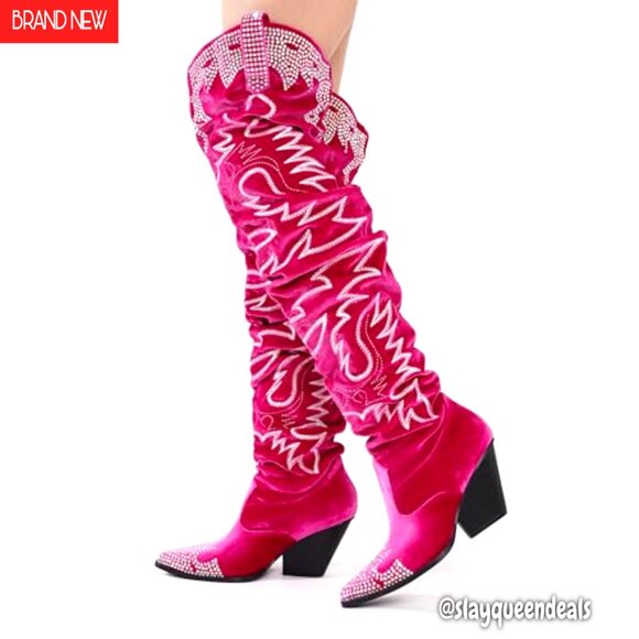 Thigh High Wide Calf Boots with Rhinestone Embroidery & Memory Foam - Picture 5 of 8